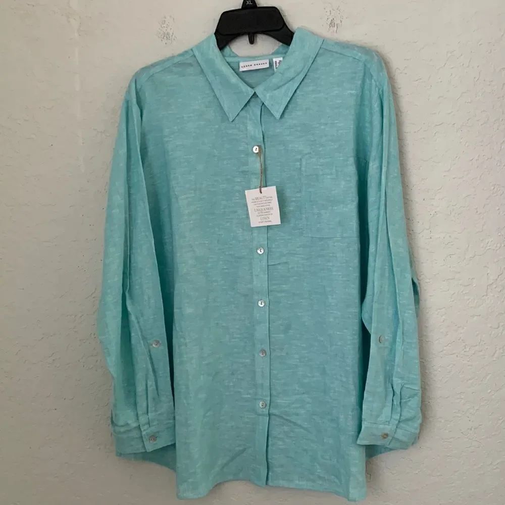 NWT Susan Graver Linen Blend Roll Up Tab Sleeve Women’s Shirt Size 1XP